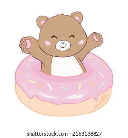 Cute Cartoon Teddy Bear with donut on a white background. Vector, illustration.