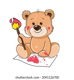 Cute cartoon teddy bear drawing a heart on a white background isolated. Vector illustration for valentine's day. T-shirt design, greeting cards