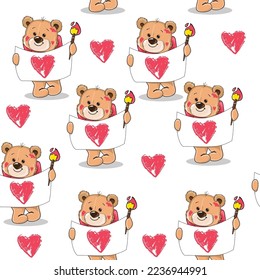 Cute cartoon teddy bear drawing a heart on a white background seamless pattern. Vector illustration for valentine's day. T-shirt design