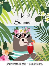 cute cartoon teddy bear drinking strawberry juice in tropical beach on summer,flower and green leaf frame,illustration vector comic art.