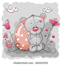 Cute Cartoon Teddy Bear with egg on a meadow
