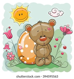 Cute Cartoon Teddy Bear with egg on a meadow