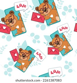 Cute cartoon teddy bear with envelope letter on a white background seamless pattern. Vector illustration for valentine's day. T-shirt design, greeting cards