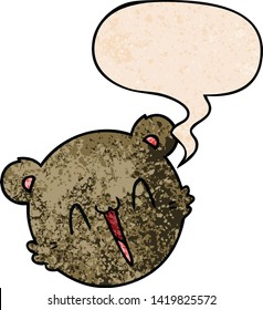 cute cartoon teddy bear face with speech bubble in retro texture style