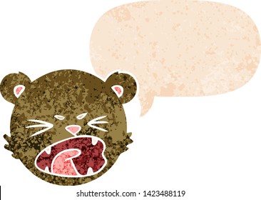 lindo dibujo animado osito de peluche cara con burbuja de habla en un estilo retro angustiado estilo texturado