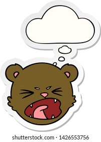 caricatura adorable osito de peluche cara con burbuja de pensamiento como pegatina impresa