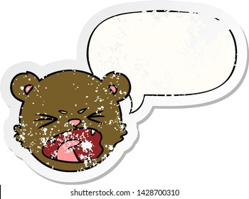 caricatura adorable osito de peluche cara con burbuja de habla angustiado viejo pegatina angustiado
