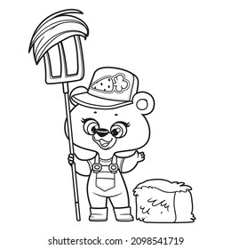 Cute cartoon teddy bear farmer with pitchfork and hay coloring book on white background