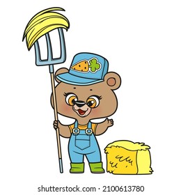 Cute cartoon teddy bear farmer with pitchfork and hay color variation for coloring book on white background