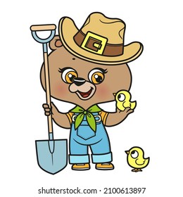 Cute cartoon teddy bear farmer with chickens color variation for coloring book on white background