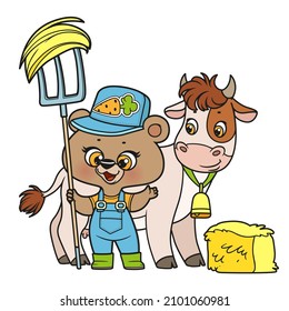 Cute cartoon teddy bear farmer with cow and hay color variation for coloring book on white background