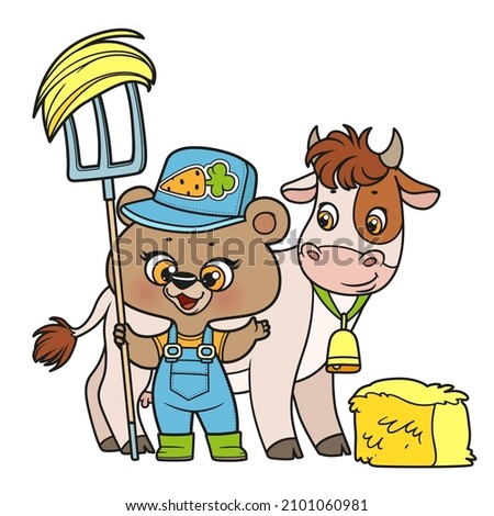 Cute cartoon teddy bear farmer with cow and hay color variation for coloring book on white background