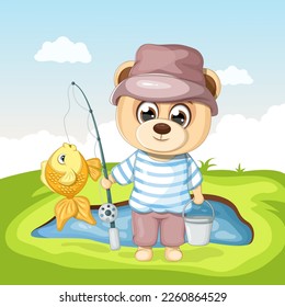 Cute cartoon teddy bear with a fishing rod, a bucket and a goldfish by the green pond