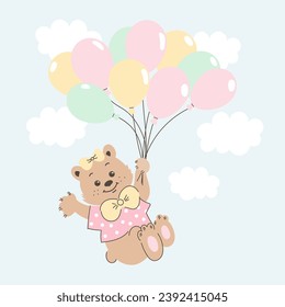 Cute cartoon teddy bear flies on balloons in the sky with clouds. Baby illustration, postcard, print, vector
