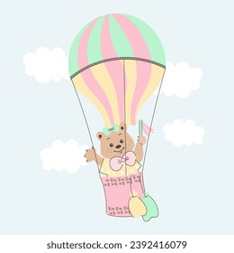 Cute cartoon teddy bear flies in a hot air balloon in the sky with clouds. Baby illustration, postcard, print, vector