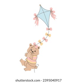 Cute cartoon teddy bear flies on a kite. Children's illustration, card, print, vector