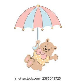 Cute cartoon teddy bear flies on an umbrella. Children's illustration, card, print, vector