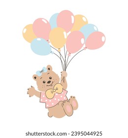 Cute cartoon teddy bear flies on balloons. Children's illustration, card, print, vector