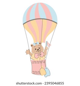 Oso de peluche de caricatura vuela en un globo de aire caliente. Ilustración infantil, tarjeta, impresión, vector