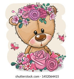 Cute Cartoon Teddy Bear with flowers on a white background