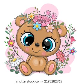 Cute Cartoon Teddy Bear with flowers and branches