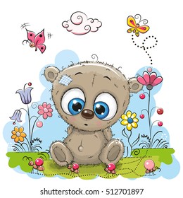 Cute Cartoon Teddy Bear with flowers and butterflies on a meadow
