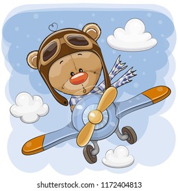 Cute Cartoon Teddy Bear Is Flying On A Plane