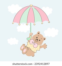 Cute cartoon teddy bear flying with an umbrella in the sky with clouds. Baby illustration, postcard, print, vector