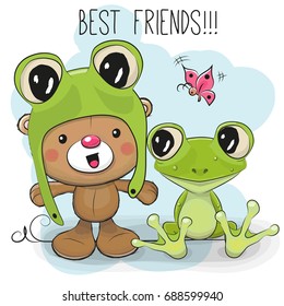 Cute Cartoon Teddy Bear in a frog hat and frog