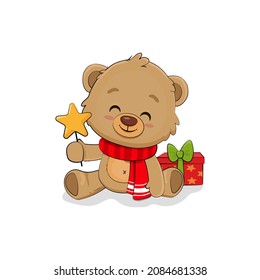 Cute cartoon teddy bear with gift box. Christmas card. New Year. Season's Greetings. Vector illustration
