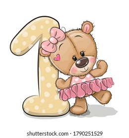 Cute Cartoon Teddy Bear Girl and number one isolated on a white background
