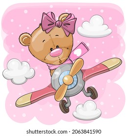 Cute Cartoon Teddy Bear girl is flying on a plane on a pink background