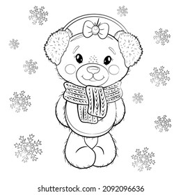 Cute Cartoon Teddy Bear Girl with a bow, fur headphones and snowflakes on a white background. Vector outline illustration. Coloring page.