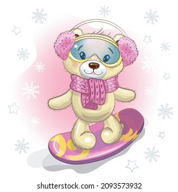 Cute Cartoon Teddy Bear Girl in a knitted scarf, fur headphones, 
snowboard goggles and on a snowboard. Vector winter illustration. New Year, Christmas illustration with snowflakes on the background.