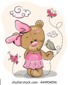Cute Cartoon Teddy Bear Girl with bird and butterflies on a pink background