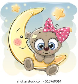 Cute Cartoon Teddy Bear girl on the moon