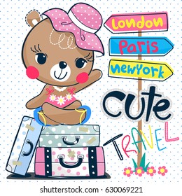 Cute cartoon teddy bear girl sitting on suitcase with road sign on blue polka dot background illustration vector.