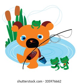 Cute cartoon teddy bear go fishing with smiling frogs. Funny illustration of little teddy bear, for card and cover design. Used for baby bedroom, kid kitchen stuff.