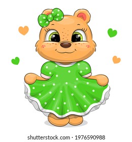 Cute cartoon teddy bear in a green dress. Vector illustration of an animal isolated on white.