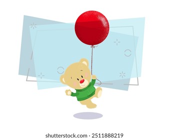 Cute cartoon teddy bear in green sweater hanging on to air balloon string and flying. Celebration concept. Vector illustration can be used for topics like holiday, birthday, anniversary