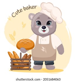 Cute cartoon teddy bear happy baker with chef's hat and apron. Funny baby bear on bakery background with bread and wheat. 