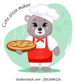 Cute cartoon teddy bear happy pizza maker with chef's hat and apron. Funny baby bear on green background with pizza. 