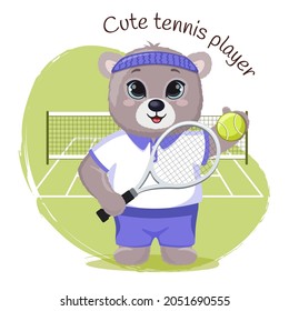 Cute cartoon teddy bear happy tennis player with racquet and ball. Funny baby bear on background with tennis court. 