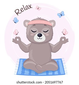 Cute cartoon teddy bear happy doing yoga in lotus position. Funny baby bear on pink background with butterflies and relax.