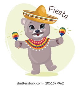 Cute cartoon teddy bear happy with mustache, sombrero and maracas fiesta. Funny baby bear on green background.