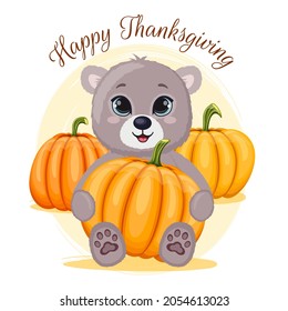Cute cartoon teddy bear happy with pumpkins. Funny baby bear on autumn background with pumpkins. Happy Thanksgiving.