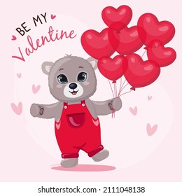 Cute cartoon teddy bear happy with balloon hearts. Funny baby bear on pink background. Be my Valentine.