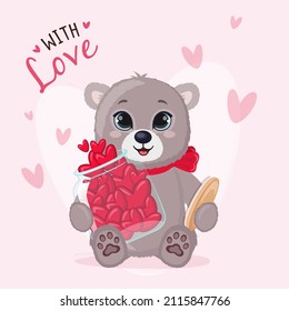 Cute cartoon teddy bear happy and jar with hearts. Funny baby bear on pink background. Happy Valentines Day.
