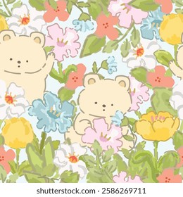 Cute cartoon teddy bear having fun in flower garden seamless pattern