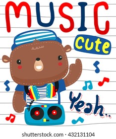 Cute cartoon teddy bear with headphones on a Turntable illustration vector.